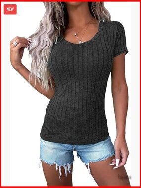Lightweight Ribbed Knit Short Sleeve Scoop Neck Slim Fit T-Shirt Top